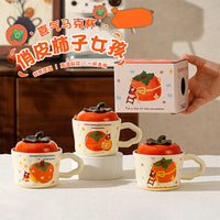 New Year Festive Persimmon Ceramic Mug with Lid - Creative Design Coffee Breakfast Cup