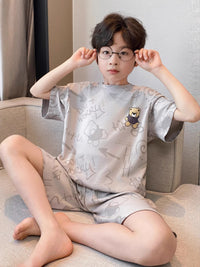 Boys' Summer Cotton Pajama Set Short Sleeve & Shorts Cute Cartoon Print Homewear for Kids