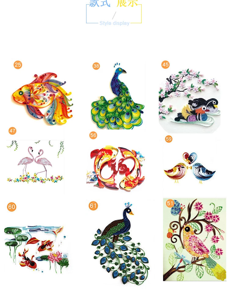 Quilling Art Kit for Beginners, DIY Paper Craft with Frame, Strips, and Tools, Chinese Style Peacock Koi Designs