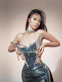 Rhinestone Mirror Two-Piece Set: Low-Cut Top & Mini Skirt for Party & Stage