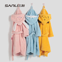 Sanli Kids Hooded Coral Fleece Bathrobe Cartoon Sleepwear for Boys and Girls