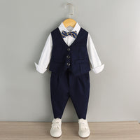 Boys' Formal Performance Outfit Set with White Shirt, Black Pants, Bow Tie, and Suspenders