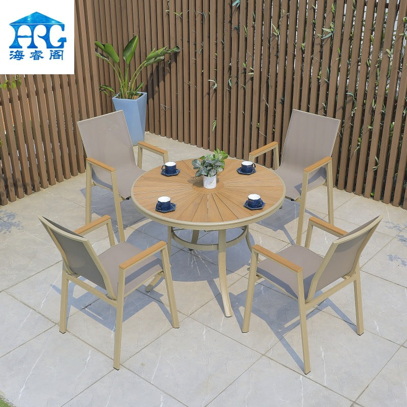 Outdoor Wood-Plastic Composite Table and Chair Set for Villa Garden, Aluminum Alloy Dining Table and Chairs, Nordic Style Outdoor Leisure Furniture