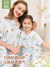 Bamboo Cotton Gauze Parent-Child Pajama Set Short Sleeve Top Long Pants