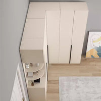 L-shaped Solid Wood Corner Wardrobe for Home Bedroom, Small Apartment Cream Style Cloakroom Cabinet