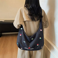 Large Capacity Canvas Tote Bag for Women - Embroidered Denim Crossbody Shoulder Bag with Zipper Closure