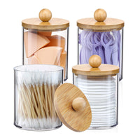Clear PS Cotton Swab and Pad Organizer with Bamboo Lid