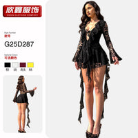 Women's Lace Bodysuit with Flared Sleeves and Deep V-Neck Mini Skirt Set