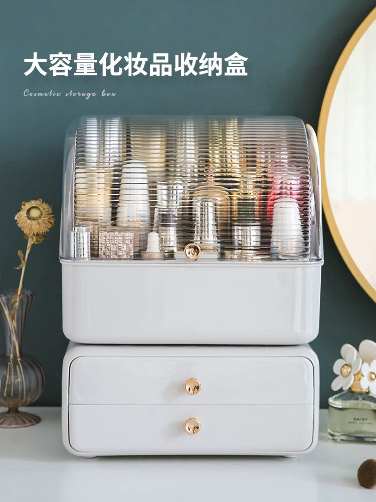 Luxury Dustproof Cosmetic Organizer with Drawers and Brush Holder for Desktop Skincare Storage
