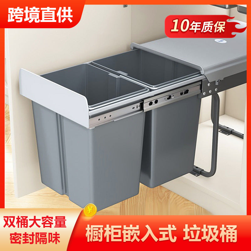 Built-in Kitchen Cabinet Pull-Out Waste Bin with Lid for Dry/Wet Waste Sorting