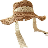 Women's Wide Brim Lace Sun Hat - Foldable Crochet Straw Beach Hat for Vacation