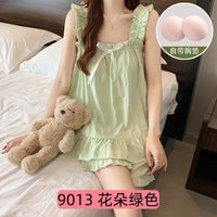 Women's Summer Cartoon Cloud Cotton Pajama Set with Chest Pads, Princess Style Student Homewear