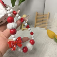 Christmas Red and White Phone Chain with Plush Ball and Beaded Keychain for Bags and Earphone Cases