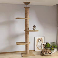 Floor-to-Ceiling Cat Tree with Scratching Post and Play Structures, Solid Wood, Adjustable Height