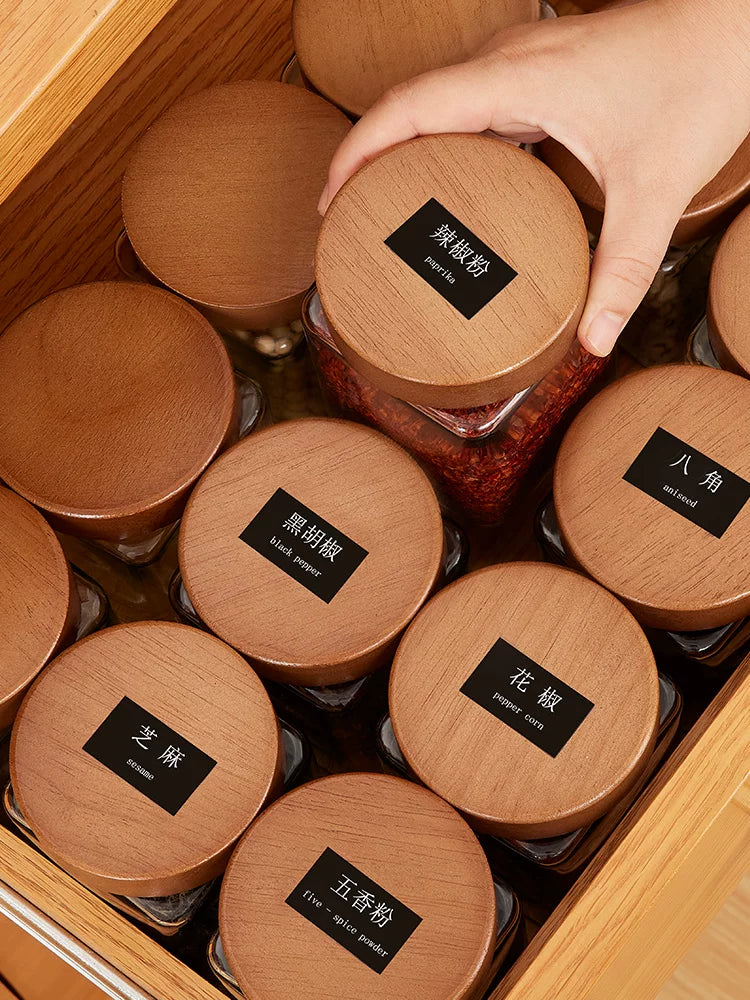 Square Spice Jars Set with Wooden Tray, High Borosilicate Glass Seasoning Containers for Kitchen Storage