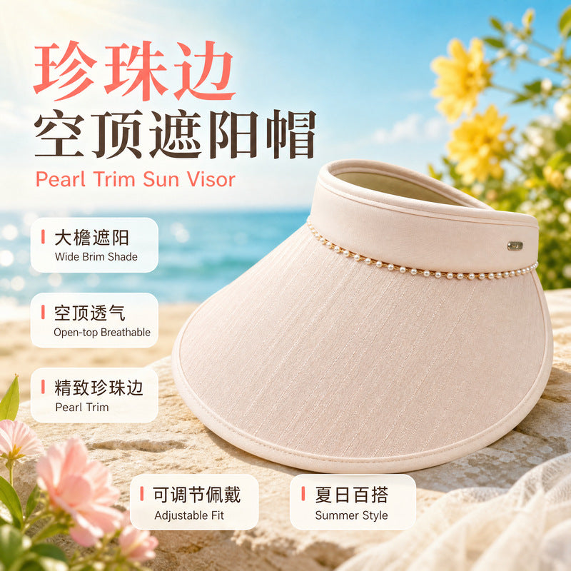 Summer Pearl Edge Open-Top Sun Visor Hat with Wide Brim