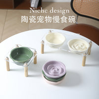 Ceramic Pet Bowl Set with Elevated Stand for Cats and Dogs, Slow Feeder and Water Bowls, Anti-Vomit, Neck Protection