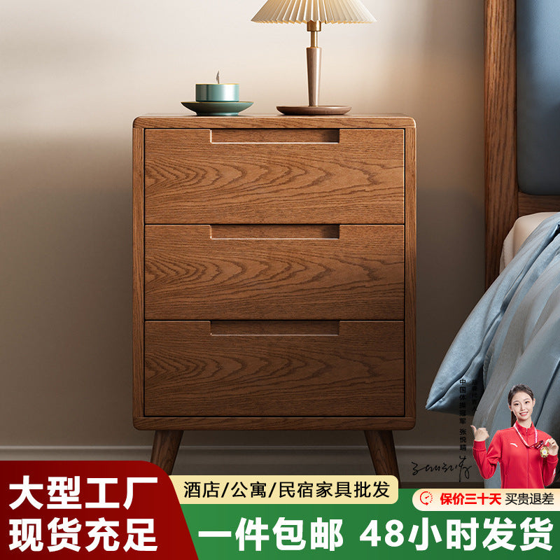 Solid Wood 3-Drawer Nightstand, Oak Wood Storage Cabinet for Bedroom, Nordic Style Dresser, Fully Assembled