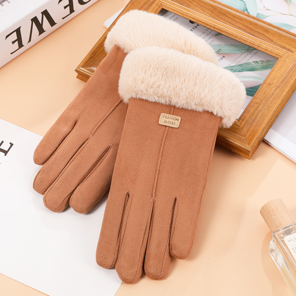 Women's Suede Touchscreen Gloves with Faux Rabbit Fur Cuff, Thickened Warm Winter Gloves