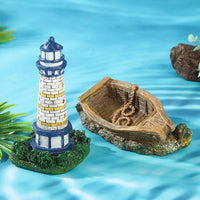 Mediterranean Style Resin Lighthouse Fish Tank Ornament with Small Wooden Boat and Reef Decor