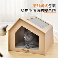 Corrugated Cardboard Cat House with Scratching Board - Durable Cat Scratcher Villa Hideaway