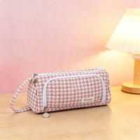 Large Capacity Canvas Pencil Case with Window, Portable Grid Pattern, Multi-functional Stationery Pouch for Students