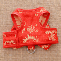 Pet Wedding Dress Harness and Leash Set for Small Dogs and Cats, Chinese Style Tang Suit