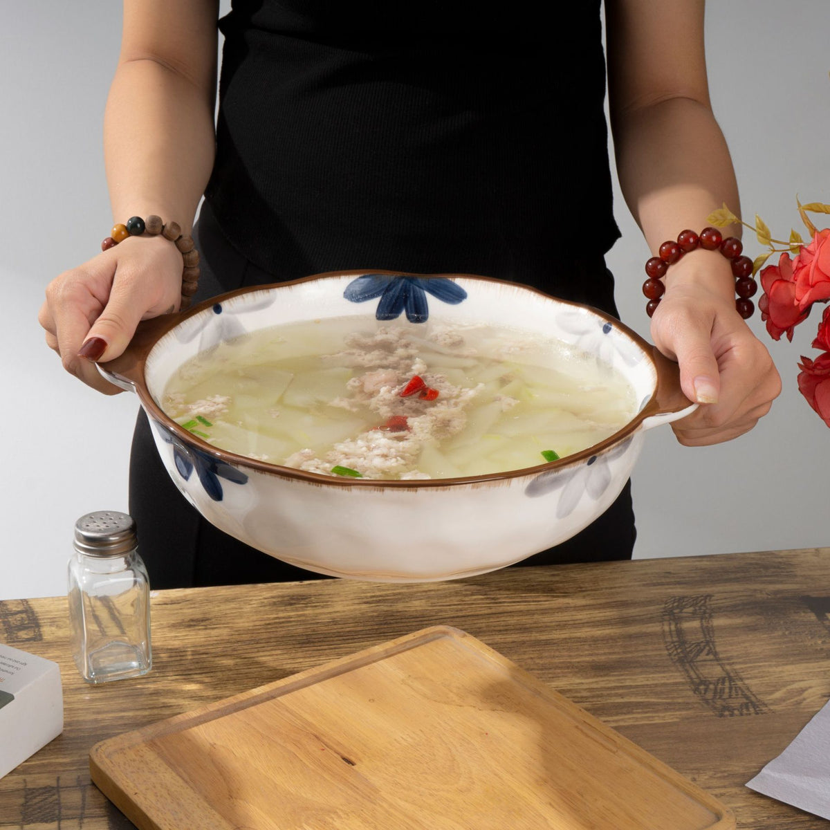 Large Ceramic Serving Bowl with Handles for Soups and Stews, 12-14 Inch