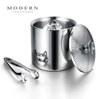 MODERN Double-Layer Insulated Ice Bucket with Lid and Tongs, Stainless Steel Champagne Wine Chiller