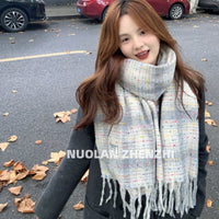Women's Plaid Imitation Cashmere Scarf Winter Thick Warm Shawl Dual-Use Solid Color Student Neck Warmer