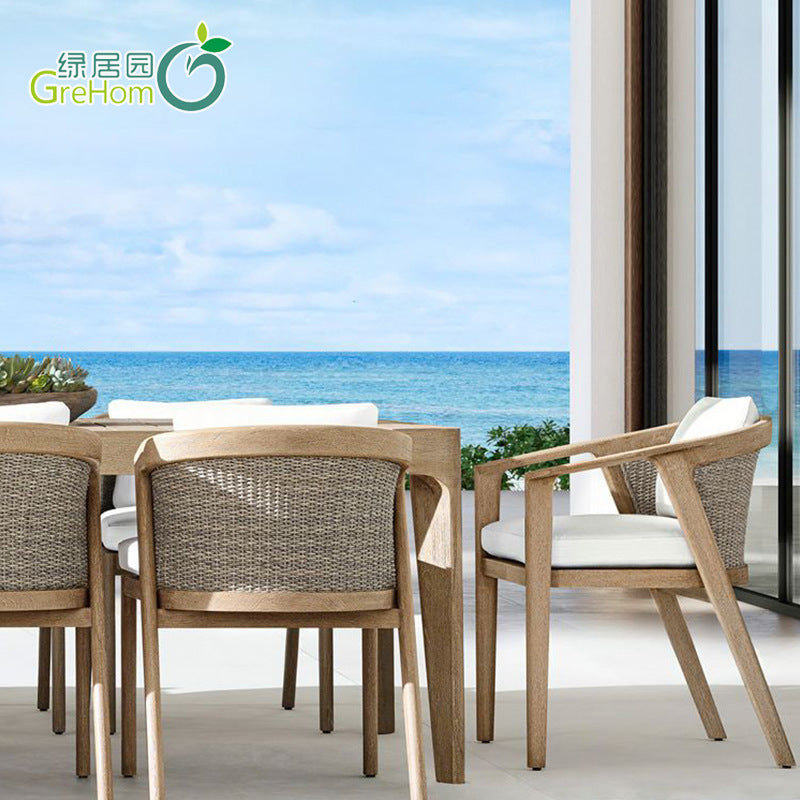 Outdoor Teak Wicker Dining Set Nordic Style Patio Leisure Table and Chairs Weatherproof