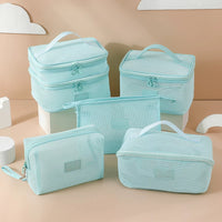 Transparent Mesh Double-Layer Cosmetic Bag with Handle, Large Capacity Travel Toiletry Organizer