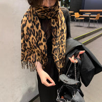 Leopard Print Faux Cashmere Scarf for Women, Winter Warm Plush Neck Warmer