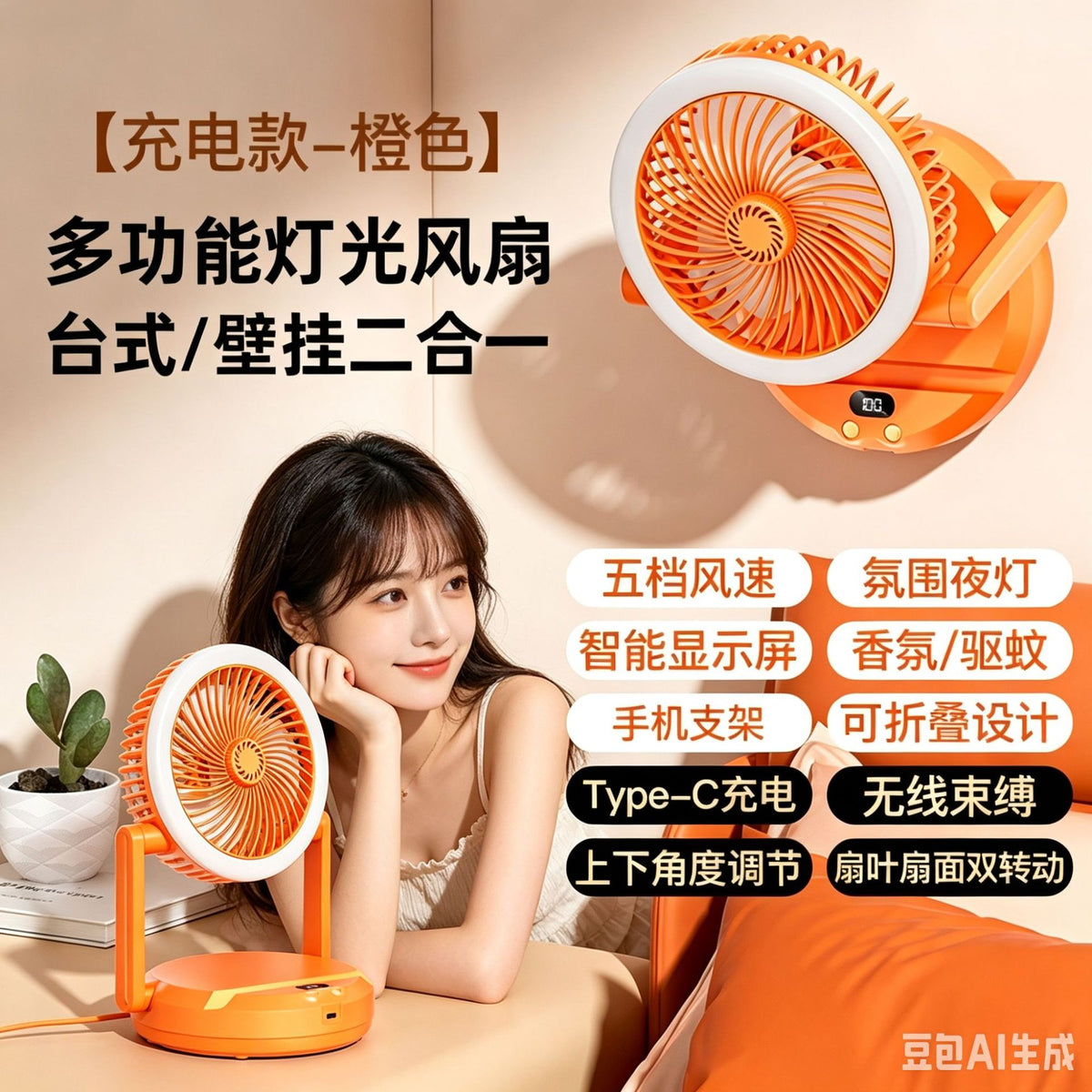 Foldable Desk Fan with 5-Speed Control and Power Display for Office and Study