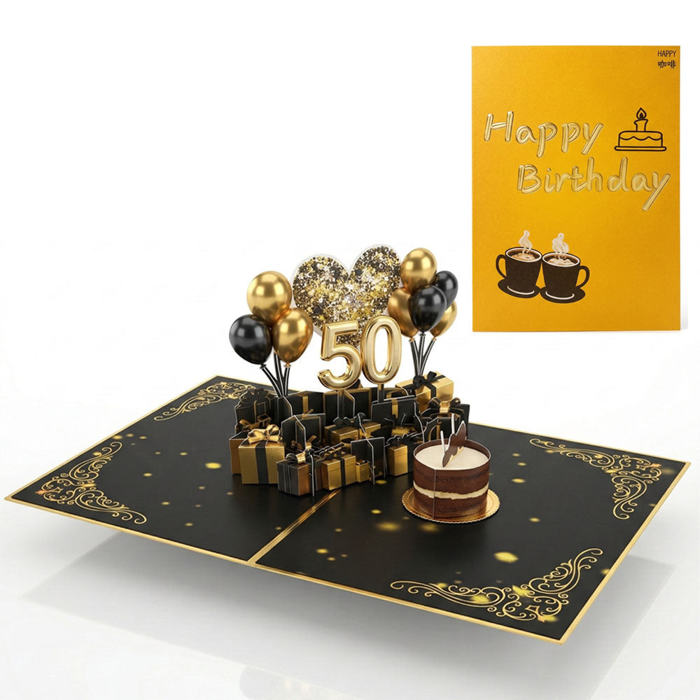 Happy 50th Birthday Pop-Up 3D Greeting Card with Envelope, DIY Birthday Number, Musical Light-Up Card for Friends