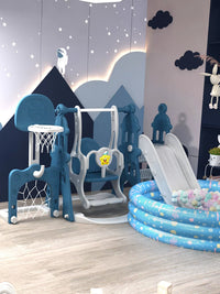 Kids Indoor Outdoor Slide and Swing Set with Basketball Hoop and Soccer Goal