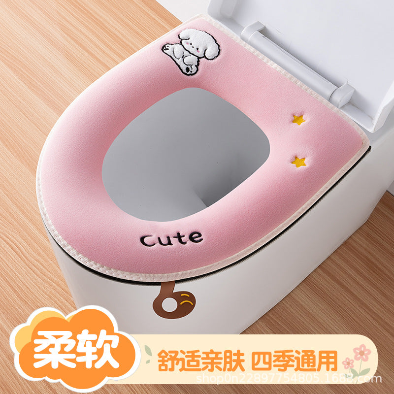 Cartoon Toilet Seat Cover Cushion, Waterproof PU Sponge Pad for Winter, Breathable Plush Fabric Bathroom Mat