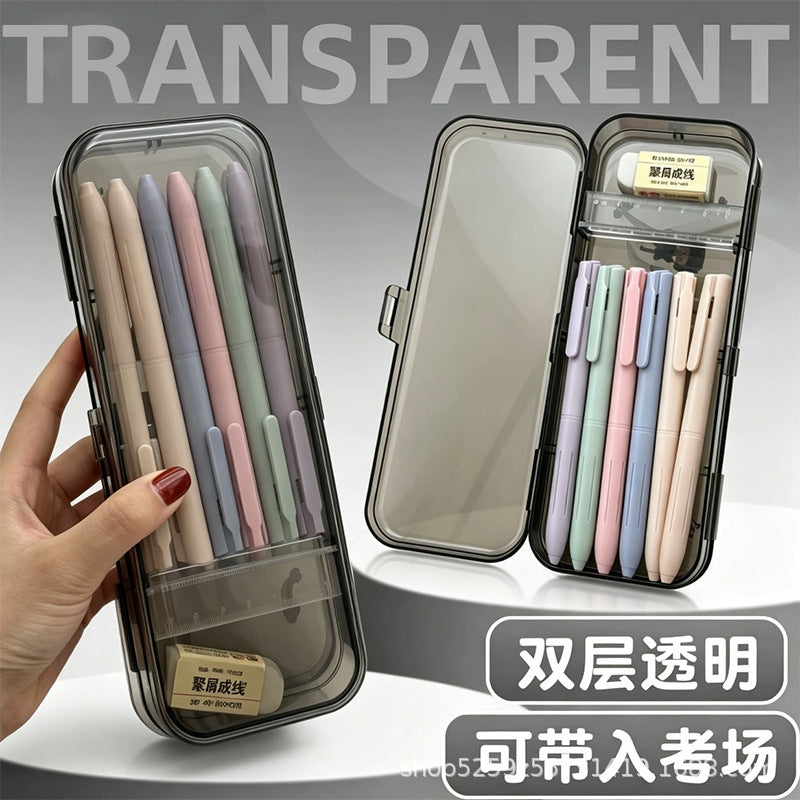 Thickened Transparent Pencil Case, Japanese Style Minimalist Stationery Box, High-Capacity Double-Layer