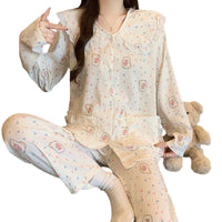 Cute Puppy Cloud Cotton Pajama Set for Women, Long Sleeve with Doll Collar and Lace Trim