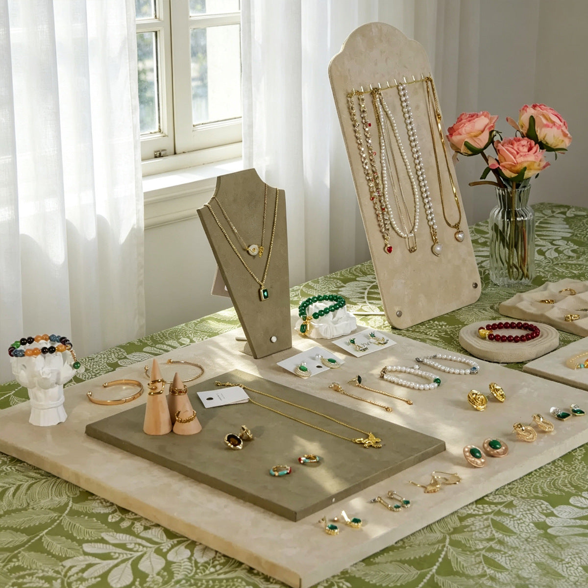 Jewelry Display Stand Beige Velvet Necklace Ring Holder Showcase Prop