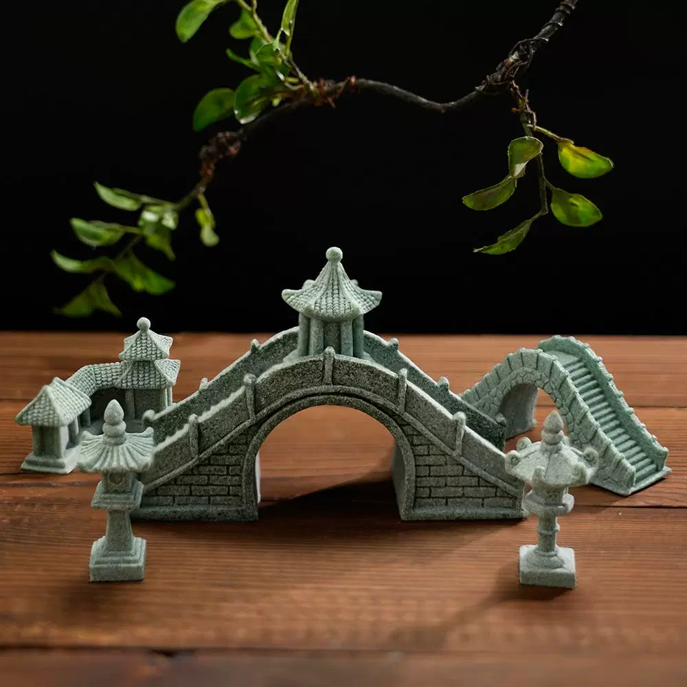 Miniature Stone Bridge and Boat Ornament for Bonsai Landscape Decor