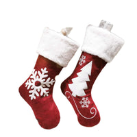Christmas Stockings with Embroidered Reindeer and Snowflake Designs, Red and White Holiday Gift Bags