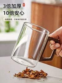 Heat-Resistant Glass Teacup Set with Wooden Handle and Tray for Home or Office