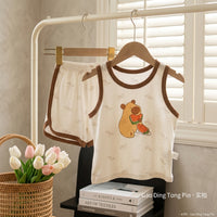 Kids' Tencel Sleeveless Pajama Set - Breathable Cartoon Vest & Shorts for Summer