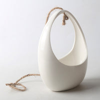Ceramic Hanging Planter with Rope, Flat White Basket for Balcony & Indoor Plants