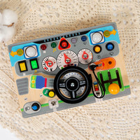 Montessori Steering Wheel Busy Board with LED Lights for Toddlers, Educational Wooden Toy