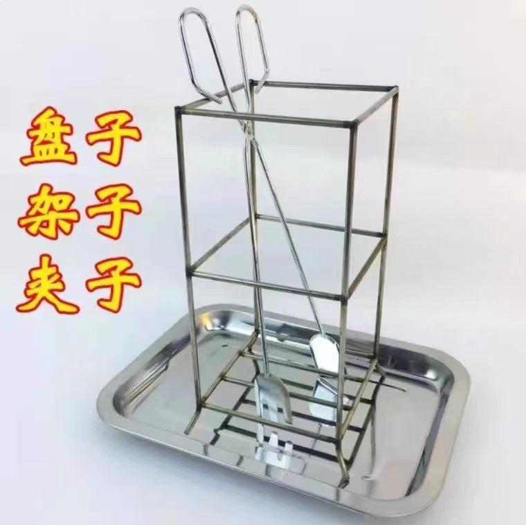 Taoist Stainless Steel Ritual Offering Stand, Tray, and Tongs Set