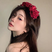 Gothic Lolita Rose Flower Headband Crown Necklace Set for Halloween Cosplay Bridal