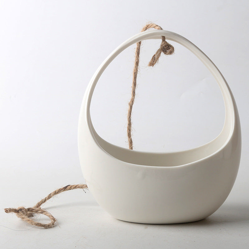 Ceramic Hanging Planter with Rope, Flat White Basket for Balcony & Indoor Plants