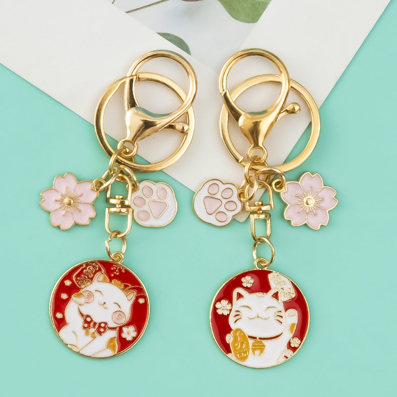 Japanese Lucky Cat Keychain Metal Charm for Bags and Car Keys